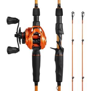 imageKastKing Lethal Blaze Twintip Fishing Rod and Reel Combo Spinning ampamp Baitcaster Combo Flame Pattern Design IM6 Graphite 2Pc Rod with Backup Tip Section StainlessSteel Guides EVA HandleCast610 Mhleft Handed 2pcs Extra Tip