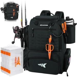 imageKastKing Bait Boss Fishing Tackle Backpack with Rod Holders4 Tackle BoxesRain Cover4543L Large Storage for Fishing GearE Black Aluminum Back Support System