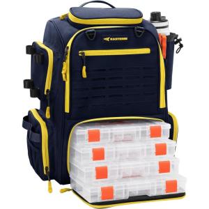 imageKastKing Bait Boss Fishing Tackle Backpack with Rod Holders4 Tackle BoxesRain Cover4543L Large Storage for Fishing GearG Blue Aluminum Back Support System