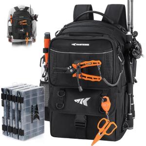 imageKastKing BaitSpace 50L Fishing Tackle Backpack with Removable Bait Binder2 Rod Holders Storage Fishing Gear and EquipmentG Black With 4 3600 Tackle Boxes