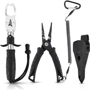 imageKastKing Fishing Pliers Fish Lip Gripper or Fish Scale Combo Saltwater Resistant Fishing Tools Fishing Gear with Rubber Handle Lanyard Line Cutter Hook Remover with Sheath Ice Fishing Gift MenI7 Split Ring Plier ComboBlack