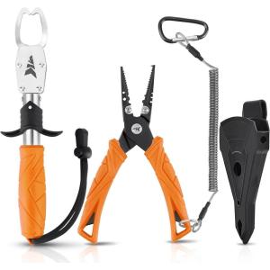imageKastKing Fishing Pliers Fish Lip Gripper or Fish Scale Combo Saltwater Resistant Fishing Tools Fishing Gear with Rubber Handle Lanyard Line Cutter Hook Remover with Sheath Ice Fishing Gift MenG7 Split Ring Plier ComboOrange
