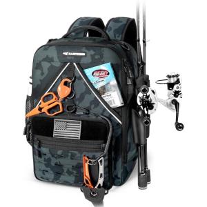 imageKastKing KarryAll KastMate Fishing Tackle BackpackWaterResistant Tackle Bag With 2 Rod HoldersFishing Gear and Equipment With Large Gear StorageBlackB Black Camo