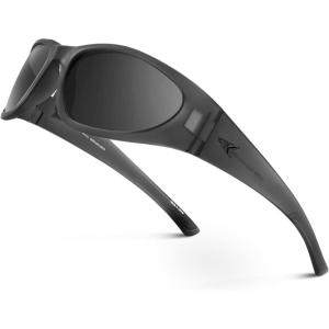 imageKastKing Raccoon Polarized Sport Sunglasses for Men and Women Wide Temple Wrap Ideal for Driving Fishing Cycling RunningBmatt Smoke Crystal Frame  Smoke Mirror