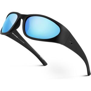imageKastKing Raccoon Polarized Sport Sunglasses for Men and Women Wide Temple Wrap Ideal for Driving Fishing Cycling RunningDmatt Black Frame  Smokeice Blue Mirror