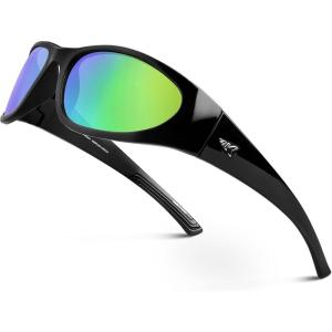 imageKastKing Raccoon Polarized Sport Sunglasses for Men and Women Wide Temple Wrap Ideal for Driving Fishing Cycling RunningEgloss Black Frame  Brownchartreuse Mirror