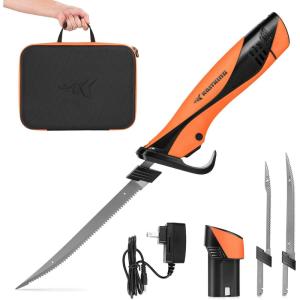 imageKastKing Speed Demon Pro Lithiumion Electric Fillet Knife  Cordless Rechargeable Fishing Knife with 4 Blades High Torque Motor with Extended Battery Life Ergonomic Handle and Custom Carry CaseA Angler Pack 2 Blades 1 Battery Pack