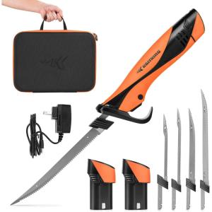 imageKastKing Speed Demon Pro Lithiumion Electric Fillet Knife  Cordless Rechargeable Fishing Knife with 4 Blades High Torque Motor with Extended Battery Life Ergonomic Handle and Custom Carry CaseB Guide Pack 4 Blades 2 Battery Packs