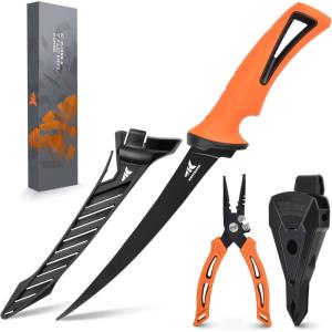 imageKastKing 6inch Fishing Pliers and Fillet Knife 6quot Split Ring Nose Plier and 7quot Fillet Knife Orange6 Split Ring Plier Combo  Orange