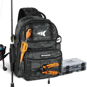 imageKastKing BaitSpace Fishing Sling Bag Fishing Backpack with Rod ampamp Beverage Holder Tackle Bag for Fishing GearE Black Camo  Largewith 2 3600 tackle boxes