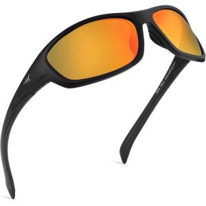 imageKastKing Hiwassee Polarized Sport Sunglasses for Men and Women Wrap Sunglasses for Fishing Cycling and RunningUV ProtectionFrame Matte BlackLens Scarlet Mirror