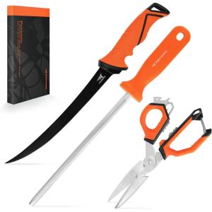 imageKastKing Paradox Fishing Tool Complete Fish Clean ampamp Prep Set 9quot Fillet Knife 9quot MultiPurpose Bait Shears and 12quot Honing Rod Durable Stainless Steel with NonSlip Handles and Custom SheathsC 9 Fillet Knife Kit