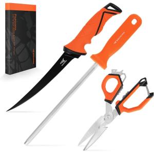 imageKastKing Paradox Fishing Tool Complete Fish Clean ampamp Prep Set 9quot Fillet Knife 9quot MultiPurpose Bait Shears and 12quot Honing Rod Durable Stainless Steel with NonSlip Handles and Custom SheathsA 7 Fillet Knife Kit
