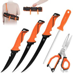 imageKastKing Paradox Fishing Tool Complete Fish Clean ampamp Prep Set 9quot Fillet Knife 9quot MultiPurpose Bait Shears and 12quot Honing Rod Durable Stainless Steel with NonSlip Handles and Custom SheathsDCombo Kit