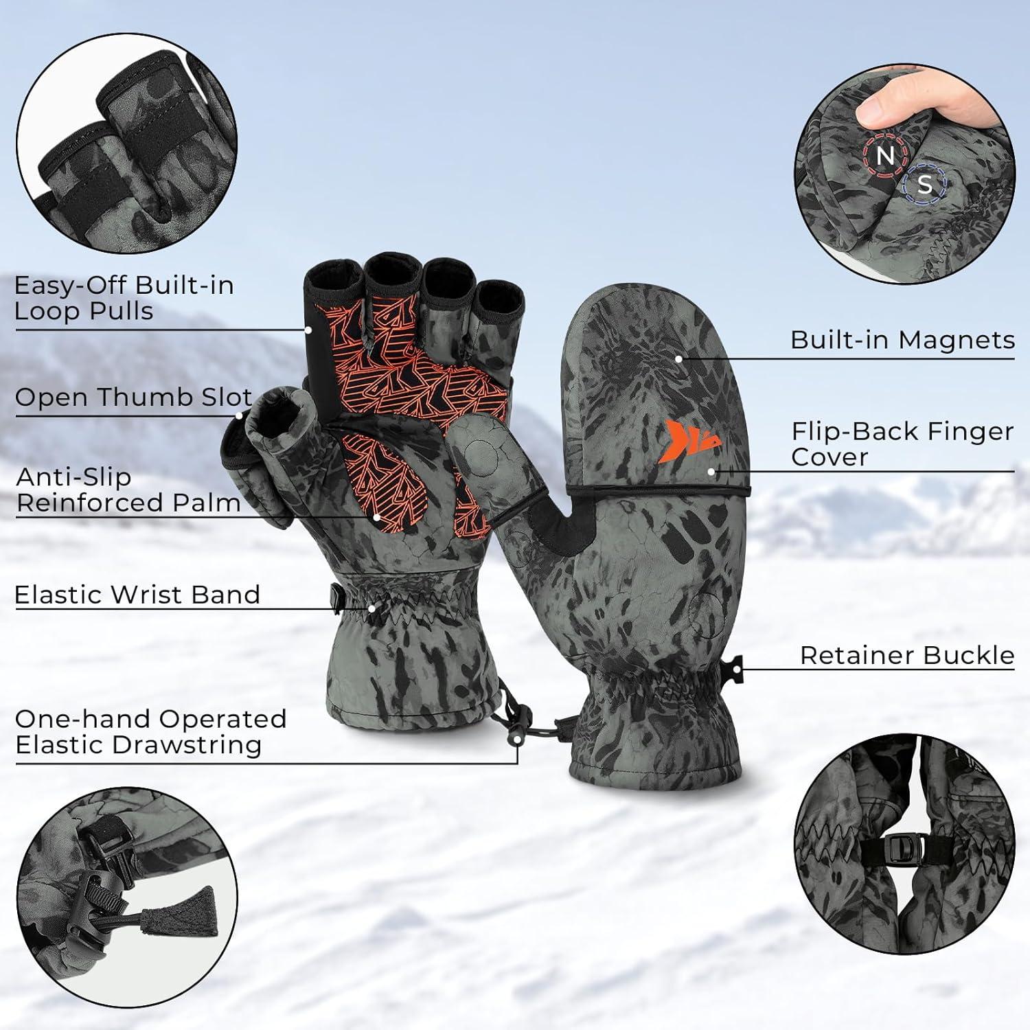 imageKastKing PolarBlast Convertible Ice Fishing Gloves Cold Weather Mittens and Fingerless Gloves with 3M Thinsulate Ideal for Ice Fishing PhotographyBlackout