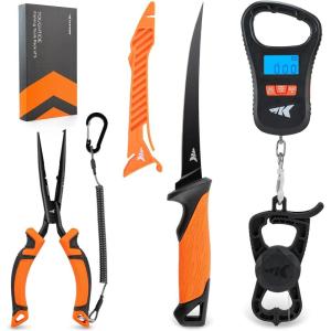 imageKastKing ToughTide Fishing Tool Kit Rechargeable Digital Fish Scale with Lip Grip ampamp Tape Measure 7 Fillet Knife with Sheath ampamp Sharpener 8 Split Ring Fishing Pliers5pc Fishing Tool Kit