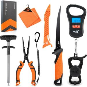 imageKastKing ToughTide Fishing Tool Kit Rechargeable Digital Fish Scale with Lip Grip ampamp Tape Measure 7 Fillet Knife with Sheath ampamp Sharpener 8 Split Ring Fishing Pliers7pc Fishing Tool Kit