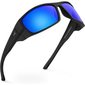 imageKastKing Gauley Polarized Sunglasses With PuriVex Protective Lens CoatingUV 400 and Wrap Design Sport Fishing SunglassesD Black Frame  Cobalt Mirror