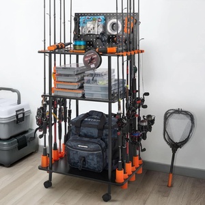 image:imageKastKing V10 Gear Trolley Indoor Fishing Rod Holder for 10 Combos 3Tier Fishing Accessory Shelves With Peg Wall Patented Builtin Line Spooler Mobile Tackle Storage Cart With Locking WheelsBPro Model 12 Rods